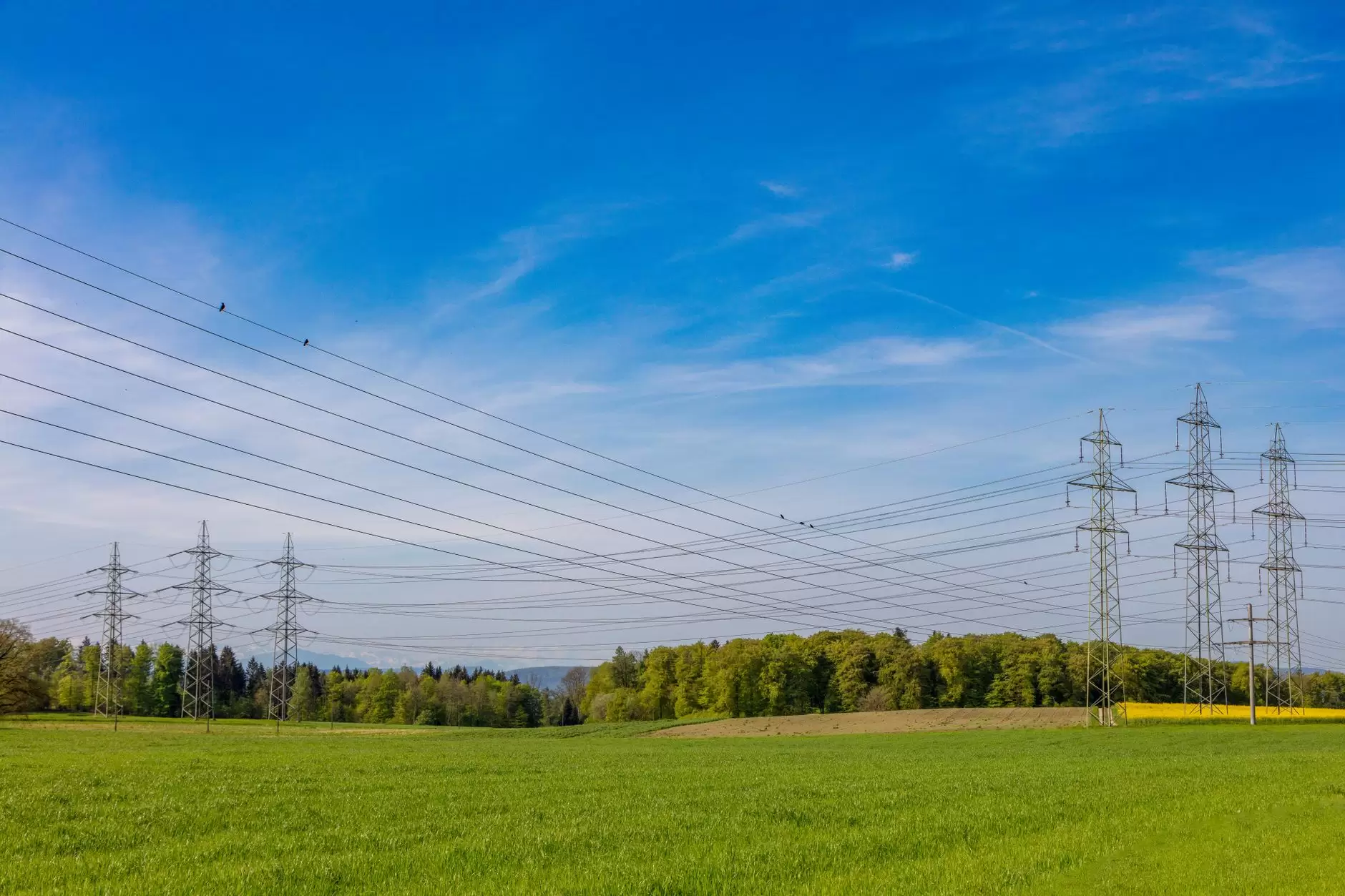 Cross-Border Interconnectors: How European Market Coupling Creates Shared Capacity — high-voltage electricity interconnector pylons crossing a rural European landscape under cloudy skies
