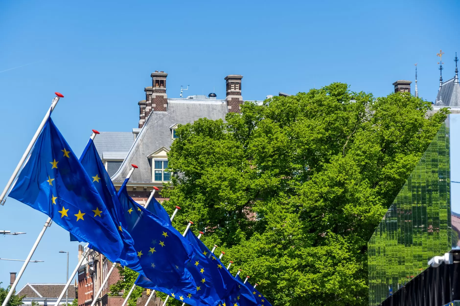 The EU Emissions Trading System: Lessons for Emerging Carbon Markets in Asia — European Union flags outside modern government building with urban skyline